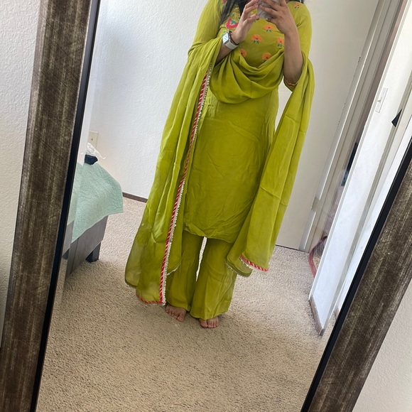 Mint green color handwork 3 piece Indian suit with floral design - Picture 5 of 5